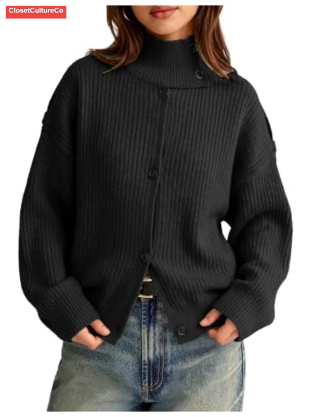 Ribbed Knit Button Cardigan Cropped Mock Neck Chunky Sweater